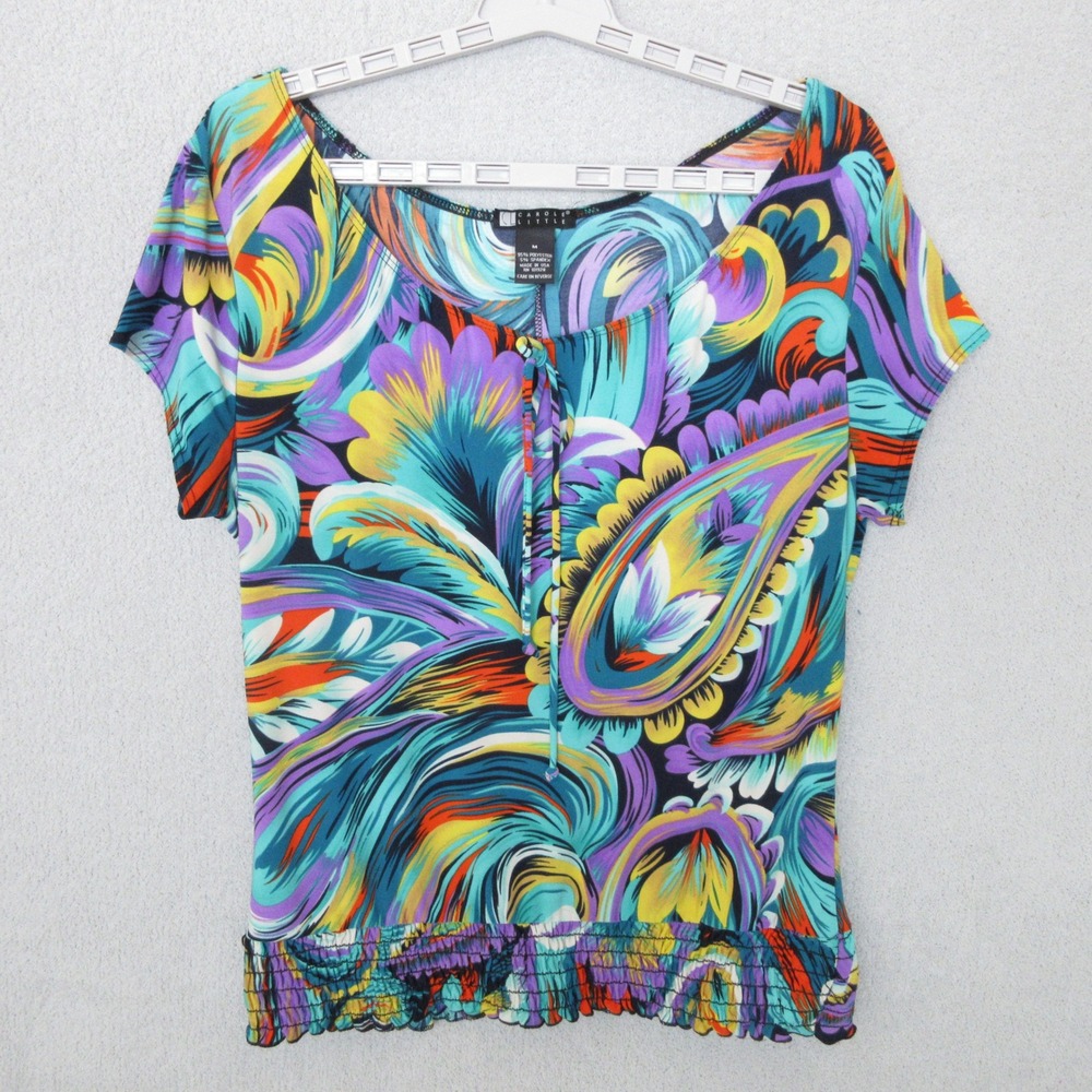Carole Little Top Medium Multicolor Paisley Floral Print Knit Blouse